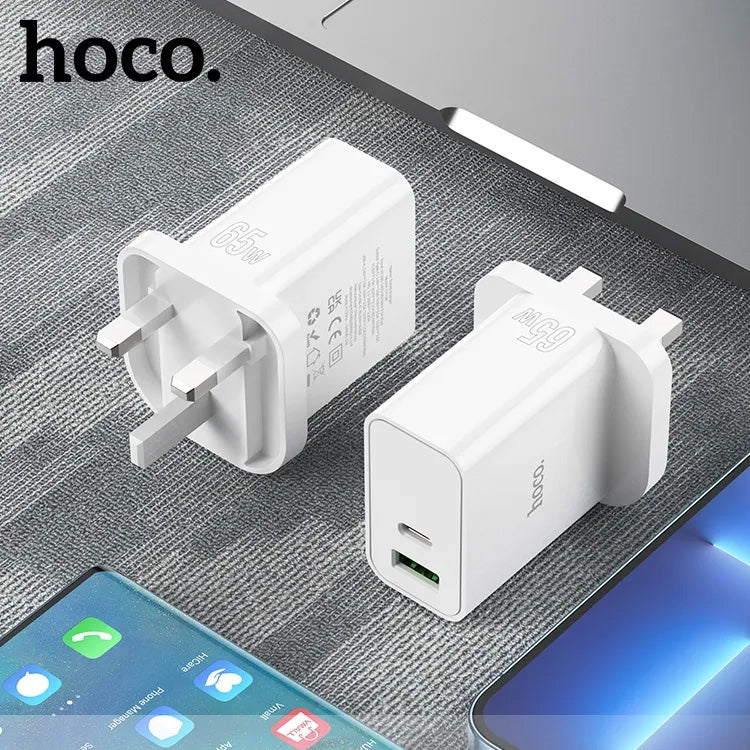 HOCO C113B Quick Charger PD 65W Dual Port 1A1C Charger UK Plug