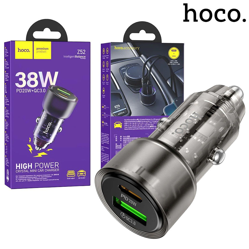 Hoco Z52 Spacious Dual Port (USB + Type-C) PD38W Car Charger Transparent