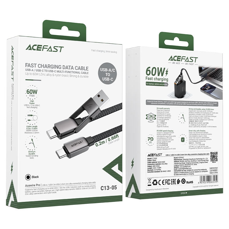 Acefast C13-05 (USB-A/USB-C to USB-C) 60W Short Zinc Alloy Charging Cable