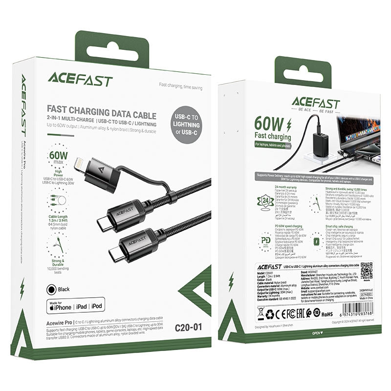 Acefast C20-01 MFI USB-C to USB-C / Lightning Aluminum Alloy 60W Charging Data Cable