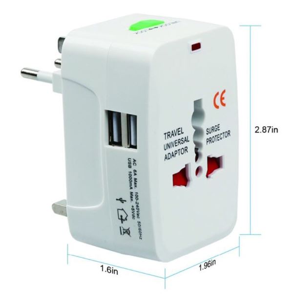 Universal Travel Adapter 2 USB Output All In One White