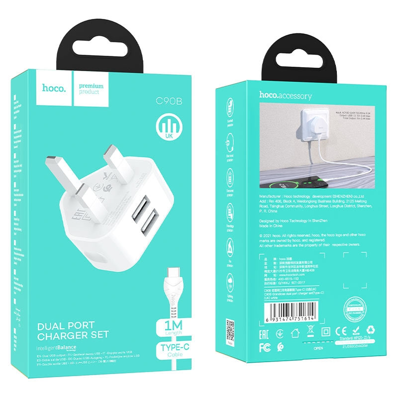 Hoco C90B Grandiose Dual Port Charger Set (Type-C)