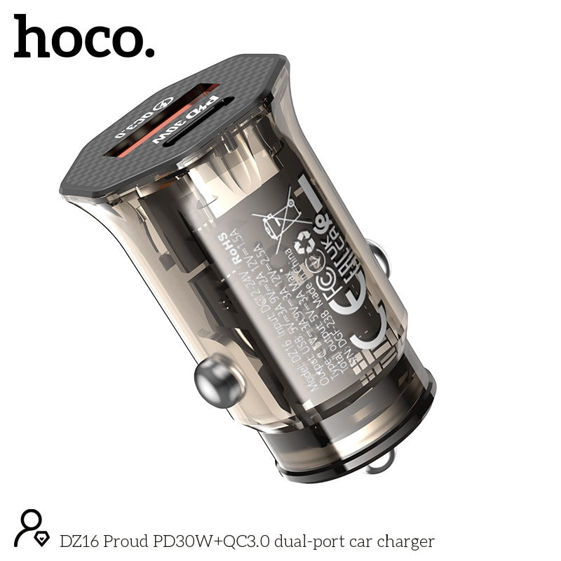 Hoco DZ16 Apex Dual-Port (Type-C+USB) PD30W+QC3.0 Car Charger Transparent Black
