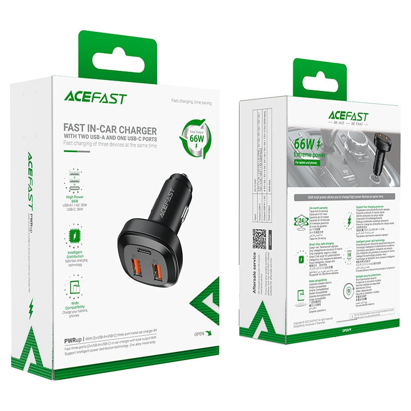 ACEFAST B9 (2USB-A+USB-C) 3 Port Metal Car Charger 66W