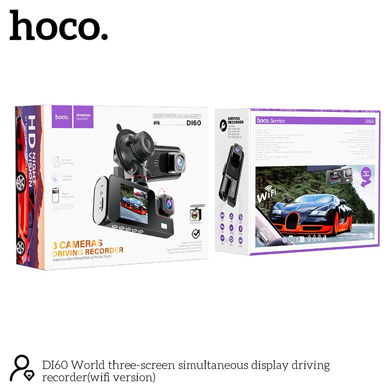 Hoco DI60 World Three-Screen Simultaneous Display Dash Cam (WiFi Version)