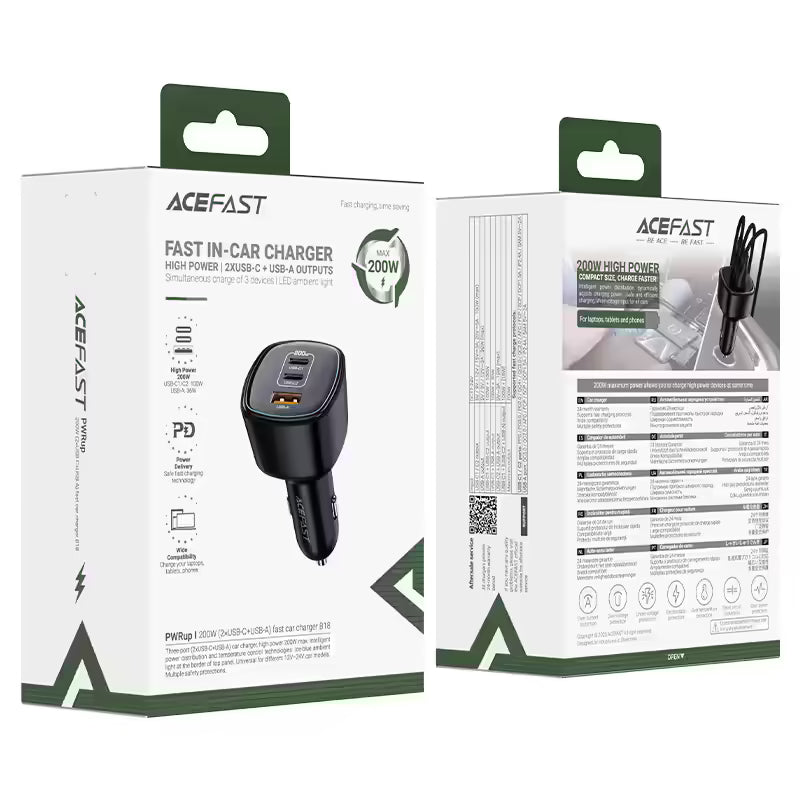 ACEFAST B18 (2USB-C+USB-A) 200W Fast Car Charger
