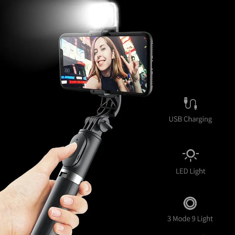 Q02S LED Fill Light Bluetooth Selfie Stick With Mini Tripod Stabilizer